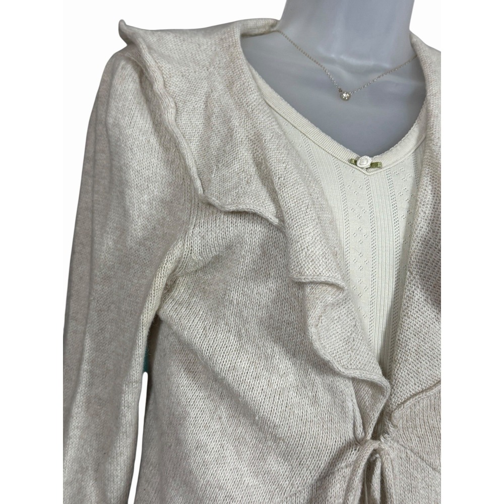 Promod Angora Blend Ruffle Cardigan Sweater Tie Front Beige Neutral Women's S - Picture 5 of 12